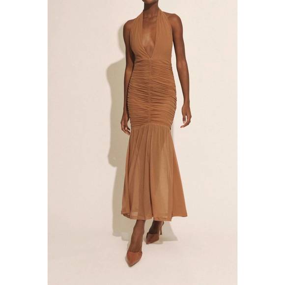 NEW BARDOT sephera halter mesh v-neck midi dress in brown - Picture 1 of 5